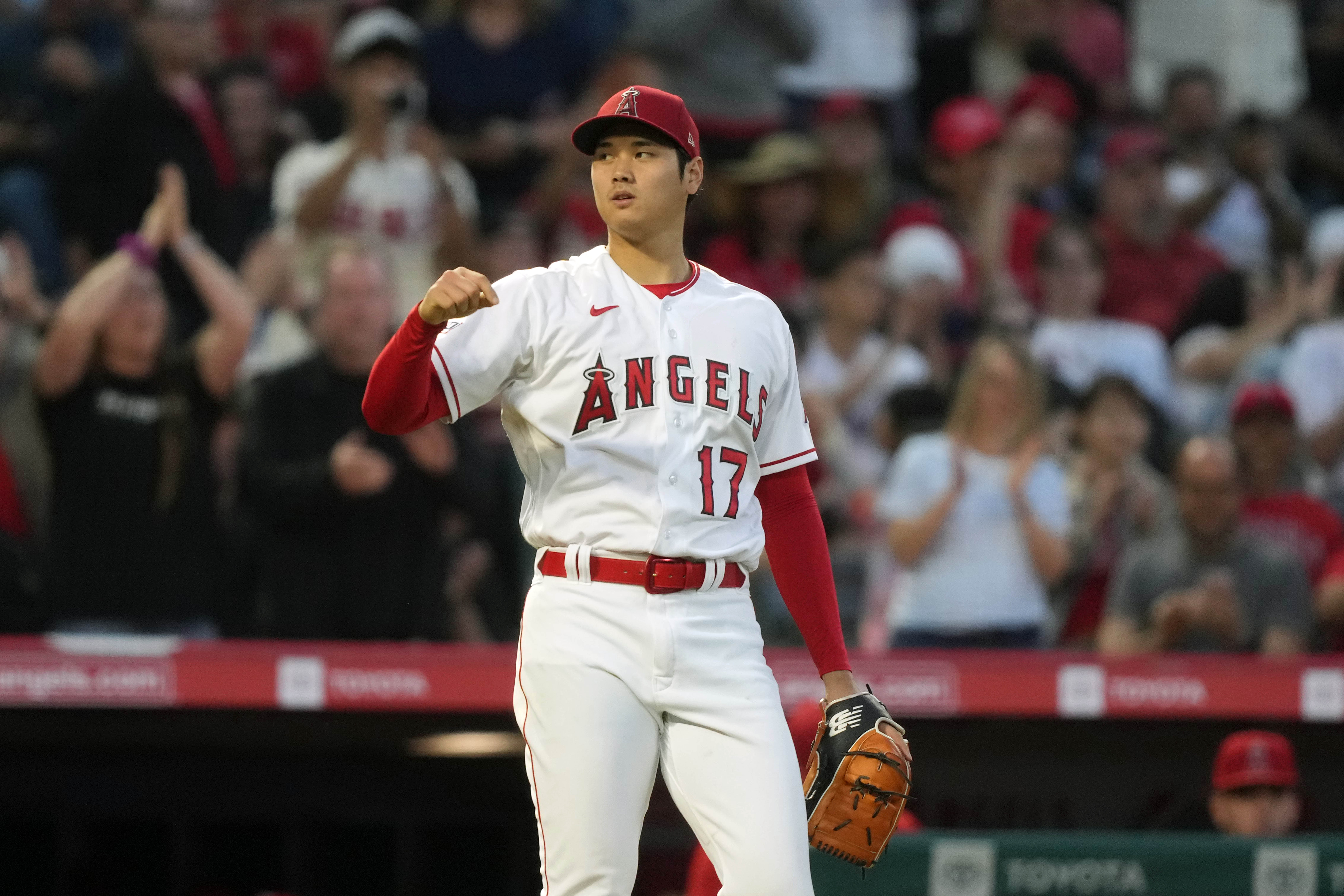 Los Angeles Angels starting pitcher Shohei Ohtani (17) celebrates at the end of the fifth inning against the Chicago White Sox at Angel Stadium.