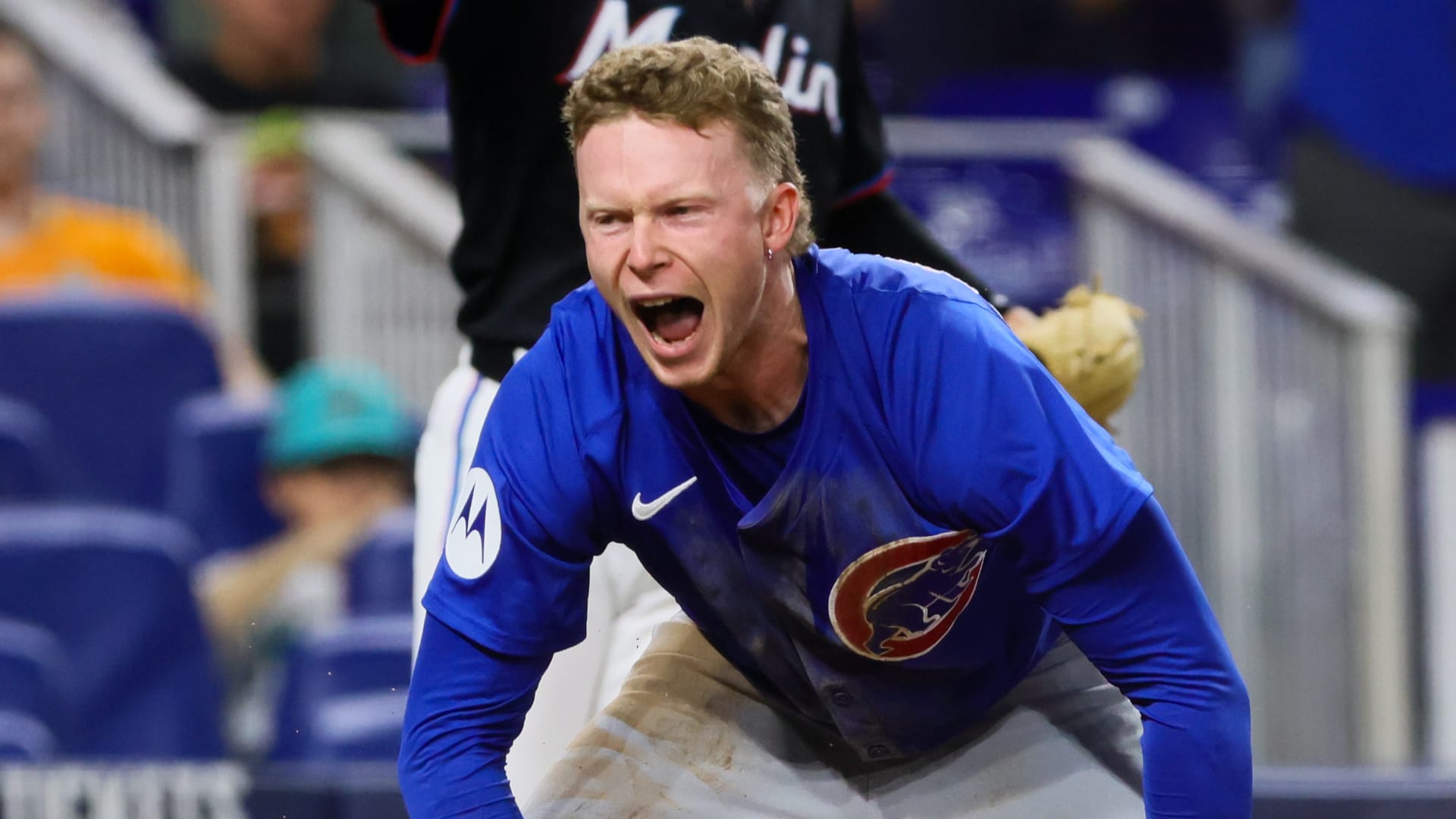 Chicago Cubs center fielder Pete Crow-Armstrong (52) reacts after hitting an inside-the-park home run against the Miami Marlins during the third inning at loanDepot Park.