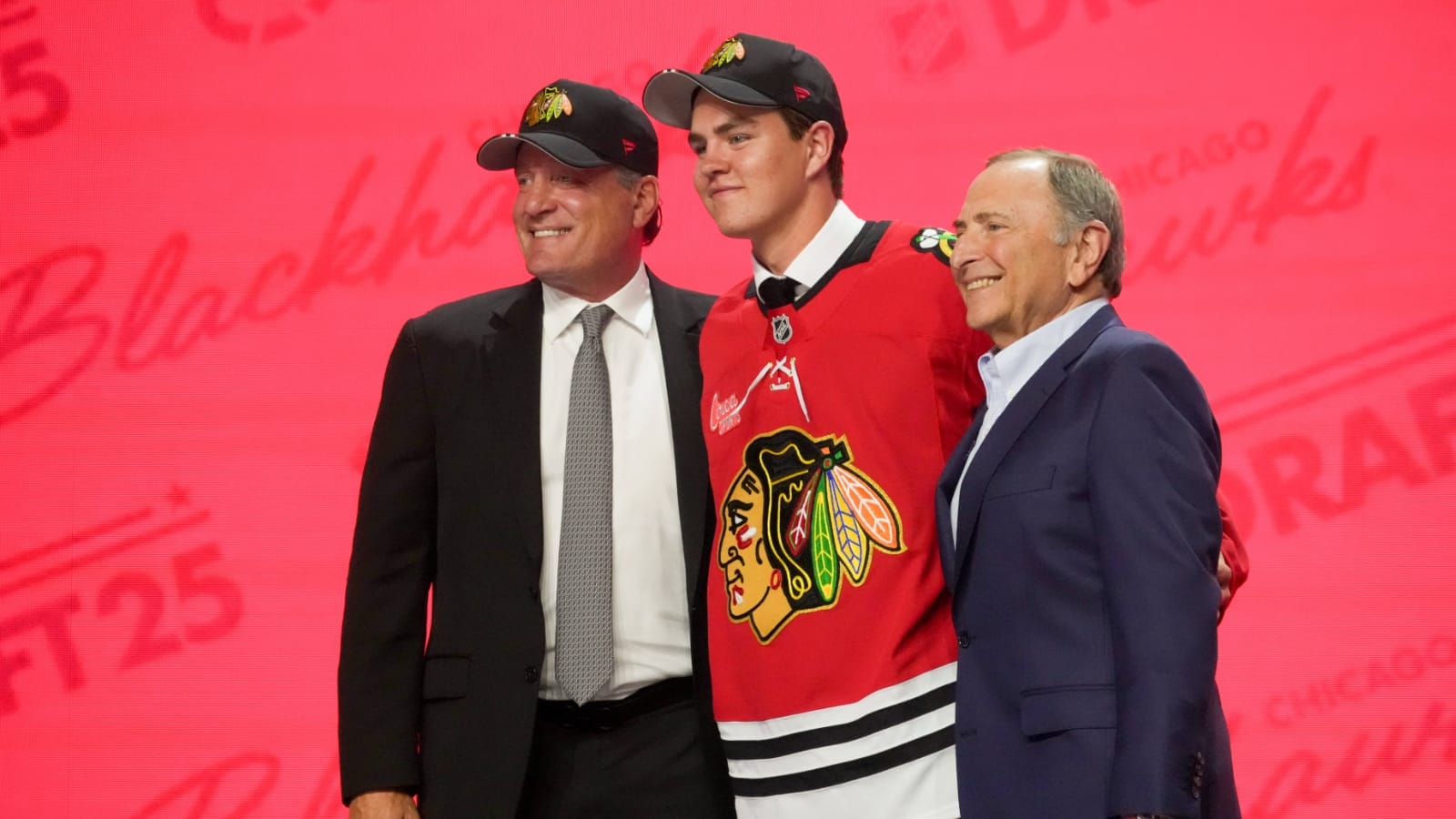 Jun 27, 2025; Los Angeles, California, USA; Anton Frondell is selected as the third overall pick to the Chicago Blackhawks in the first round of the 2025 NHL Draft at Peacock Theater.