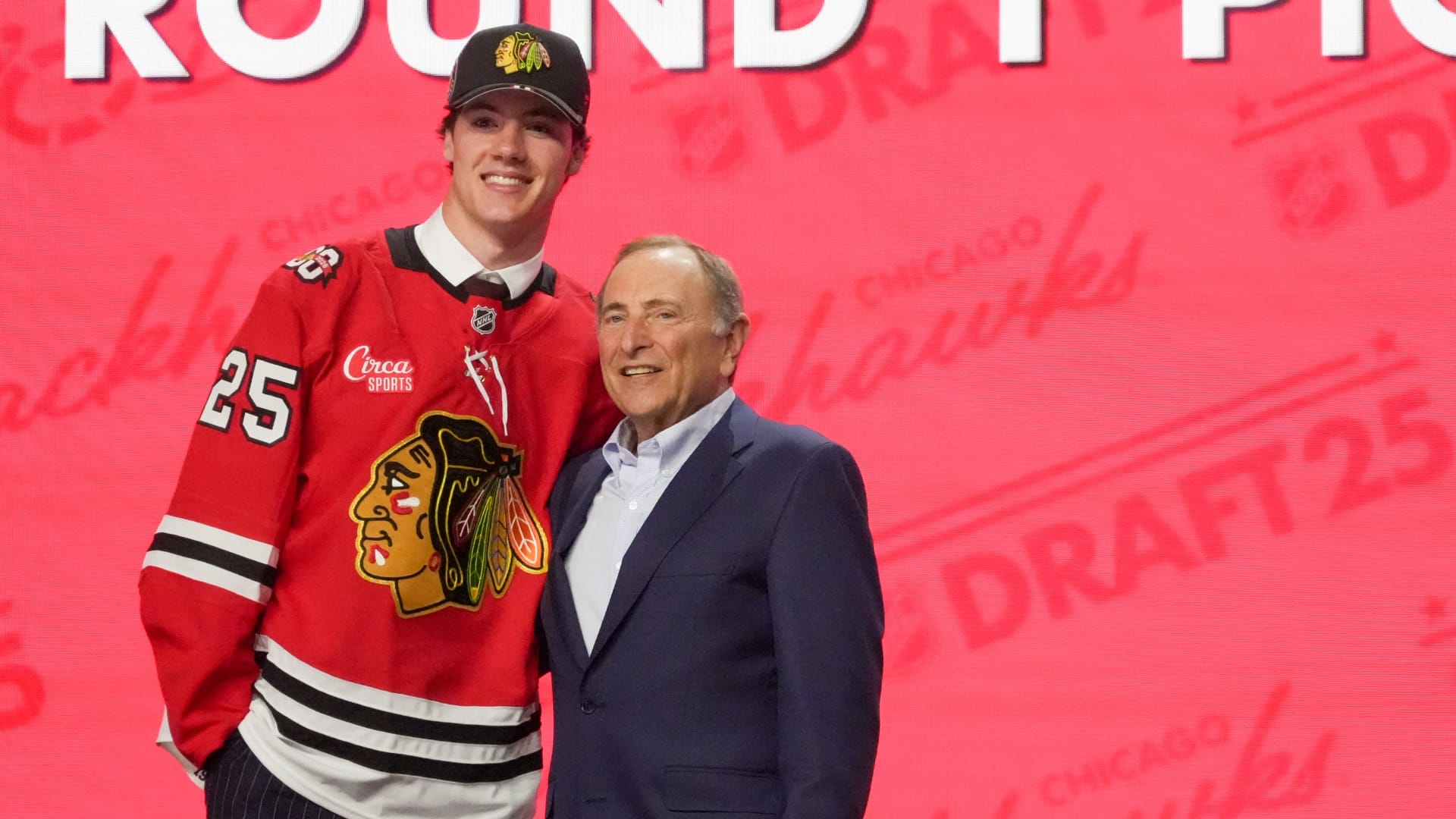 Chicago Blackhawks draft pick Mason West and NHL Commissioner Gary Bettman